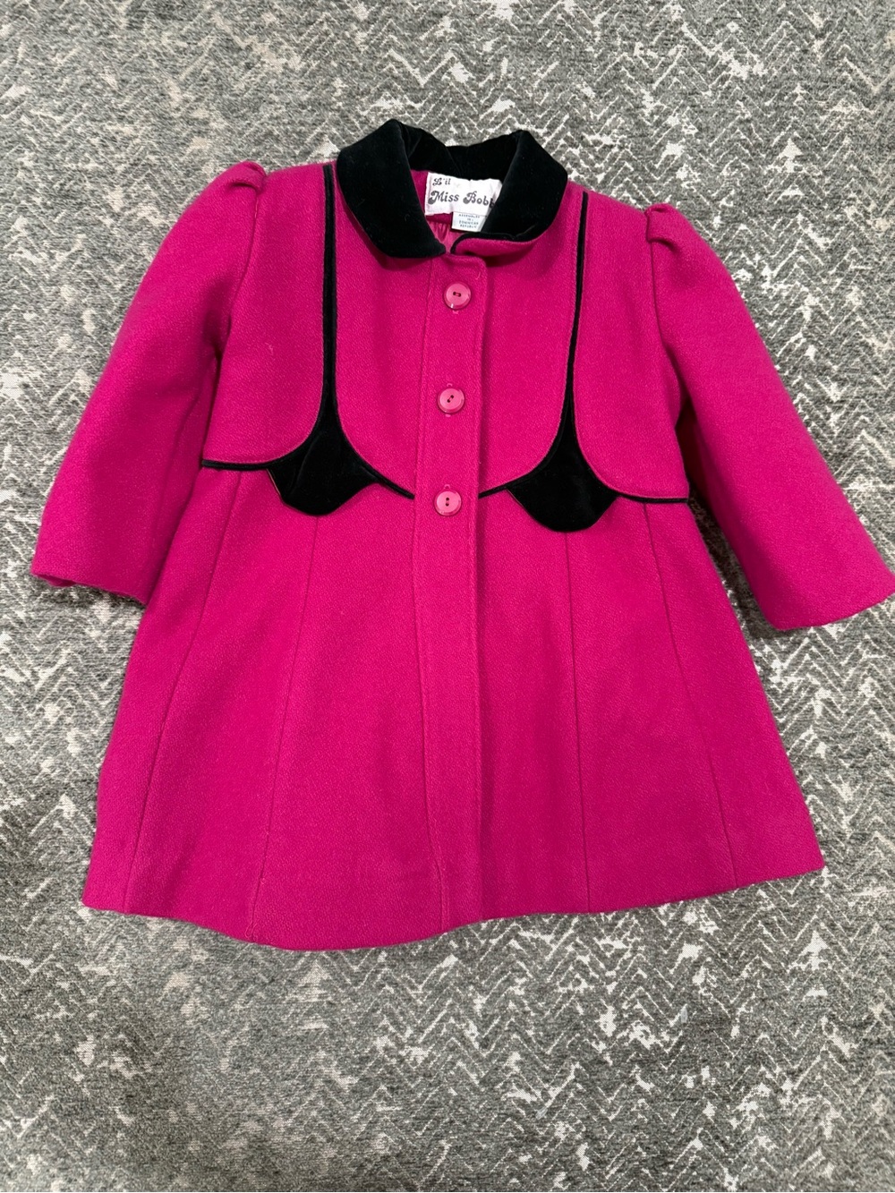 Vintage Lil Miss Bobbie Girls Pink Wool Coat Black Velvet 4T Mod Dress Coat